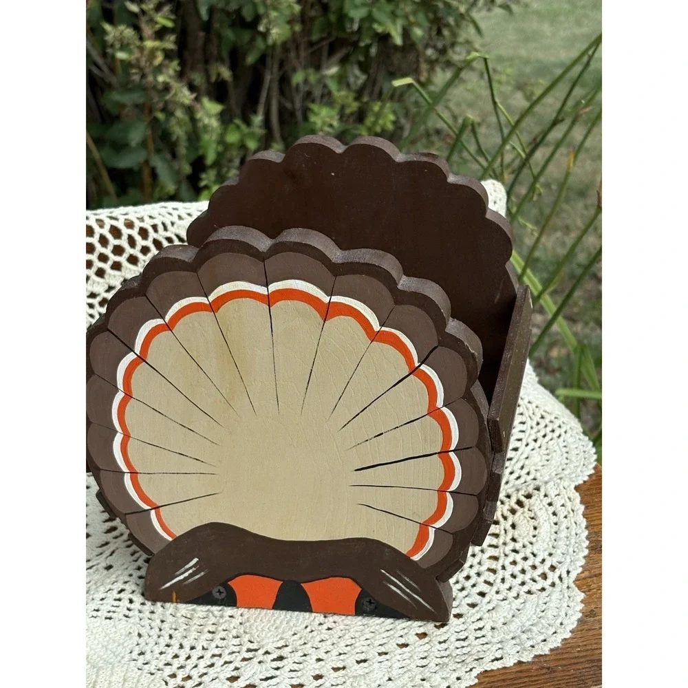 Vintage Wooden Hand Painted Turkey Basket Wood Slats Thanksgiving Kitchen Decor
